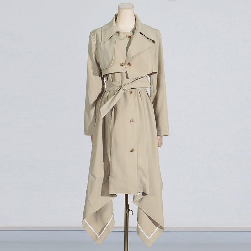 Collared Plain Panel High-Low Button Trench Coat Product Image
