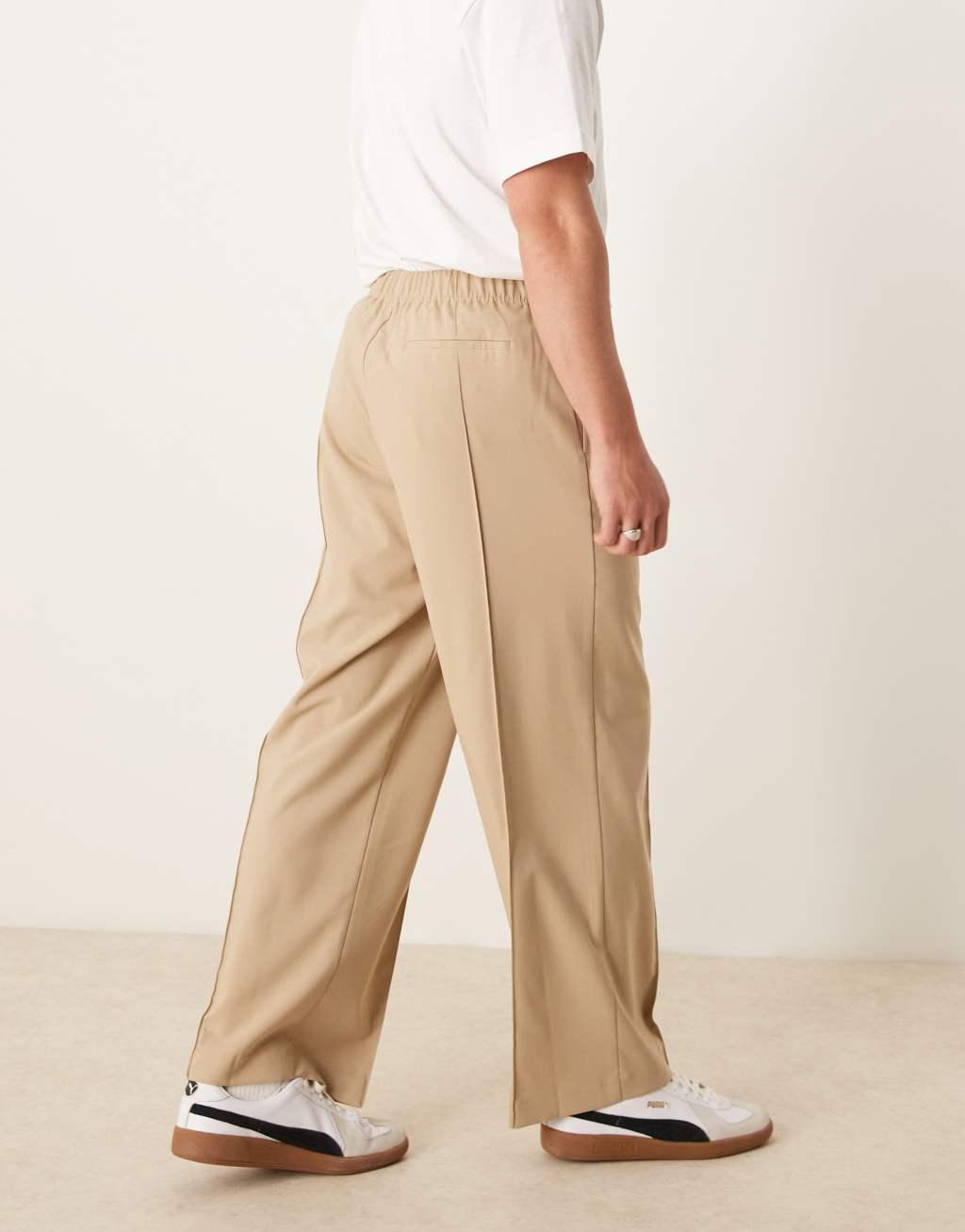 ASOS DESIGN smart wide leg pants with pintucks in stone with half elastic waist Product Image