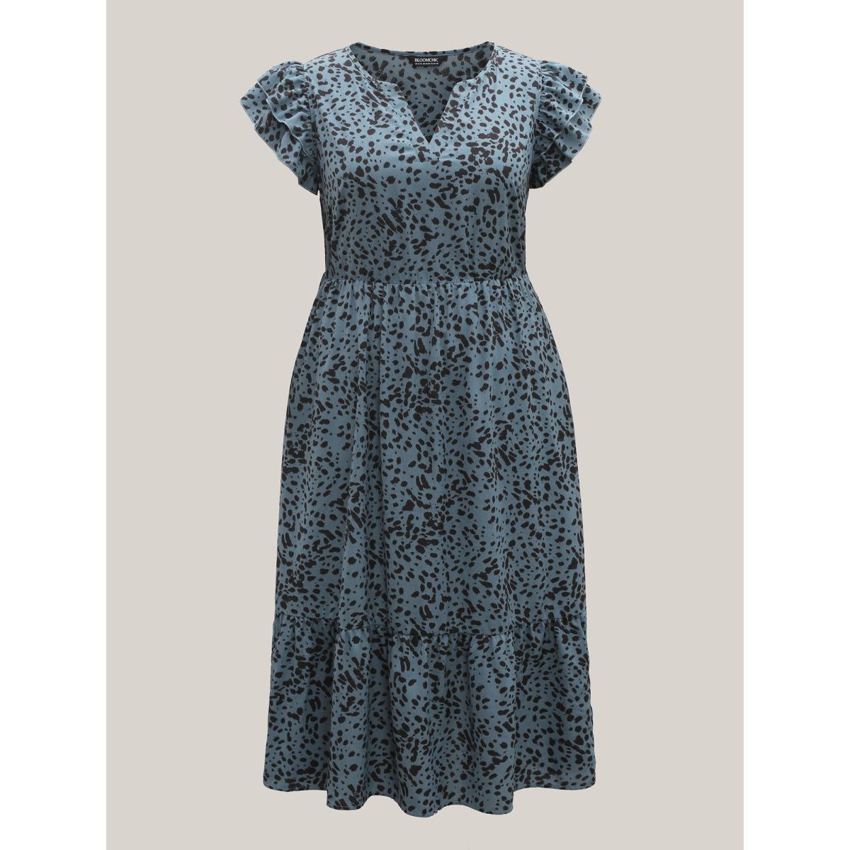 Plus Size Leopard Print Flutter Sleeve Tiered Midi Dress Stone Women At the Office Ruffles Flat collar with V-notch Cap Sleeve Curvy BloomChic 30/6X Product Image