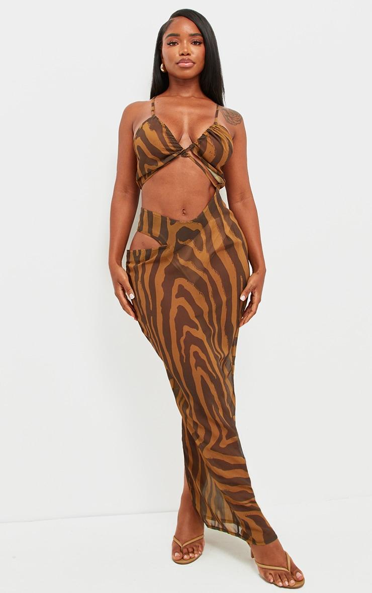 Shape Dark Khaki Abstract Zebra Chiffon Strappy Cut Out Maxi Dress Product Image