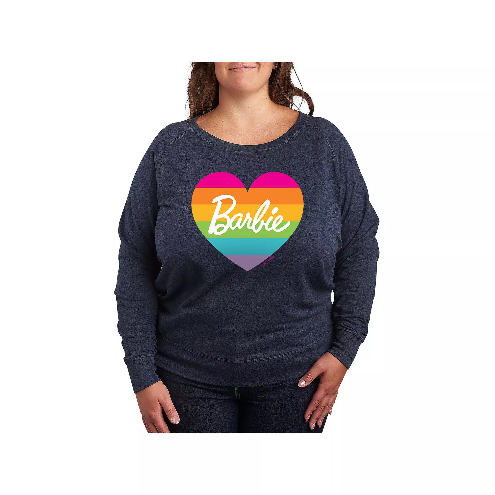Plus Size Barbie Pride Rainbow Heart French Terry Long Sleeve Tee, Womens Grey Indigo Product Image