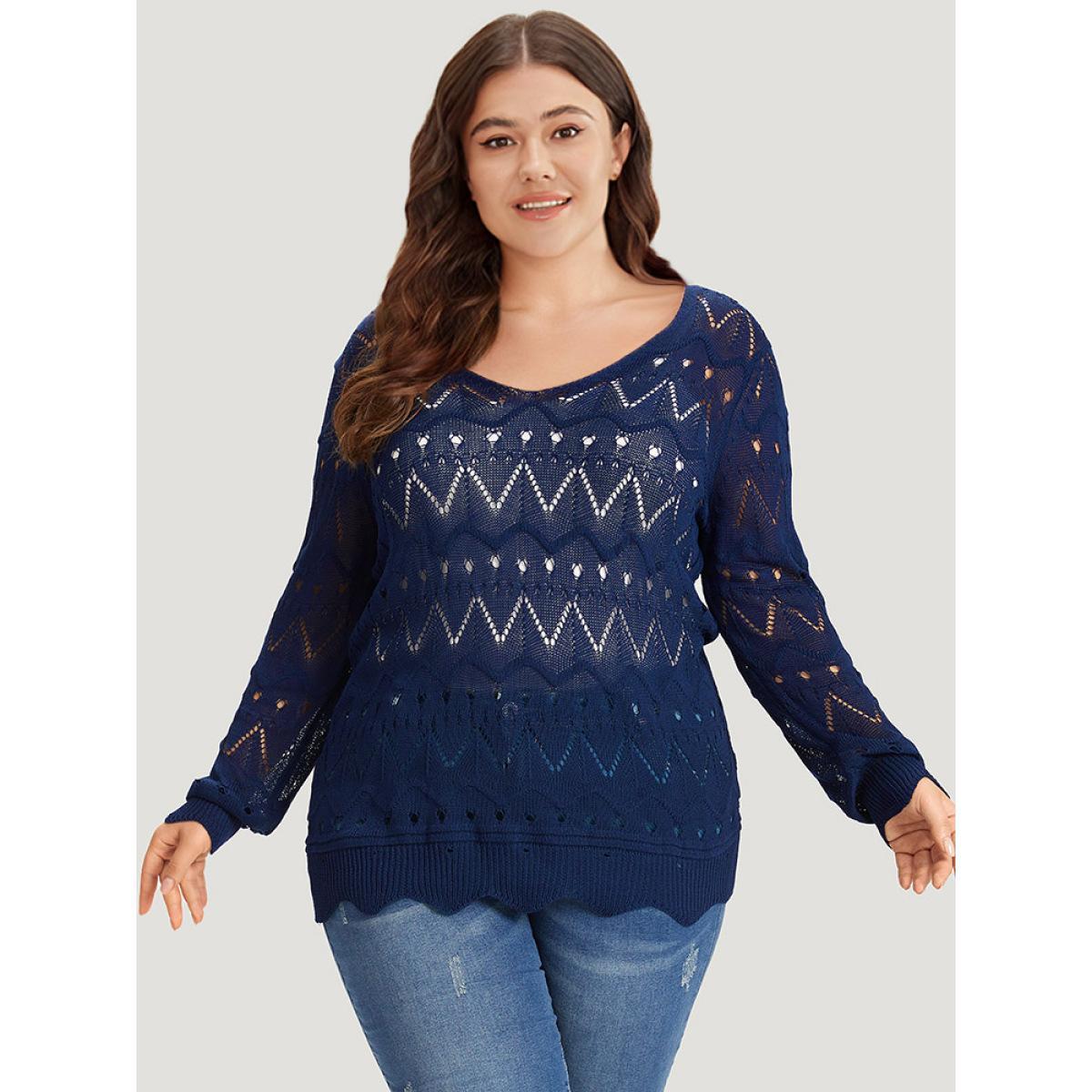 Plus Size Geometric Eyelet Scalloped Trim Drop Shoulder Pullover Indigo Women Casual Loose Long Sleeve Round Neck Dailywear Pullovers BloomChic 14-16/1X Product Image