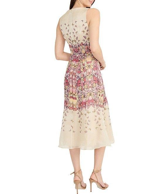Maggy London Illusion Boat Neck Sleeveless Butterfly Printed Organza Trumpet Midi Dress Product Image