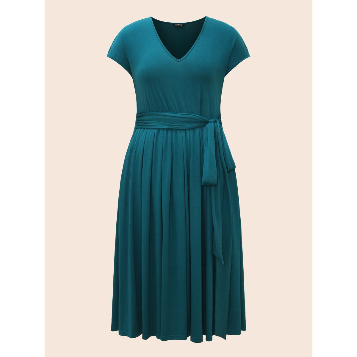 Plus Size Solid Tie Knot Pleated Cap Sleeve Dress Aegean Women Elegant Tie knot V-neck Cap Sleeve Curvy BloomChic 18-20/2X Product Image