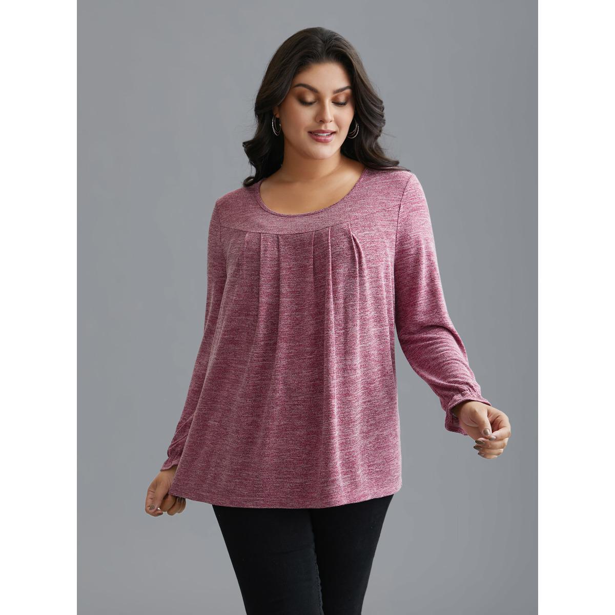 Plus Size Round Neck Heather Pleated T-shirt Rosered Women Elegant Pleated Round Neck Loose Everyday T-shirts BloomChic 28/5X Product Image