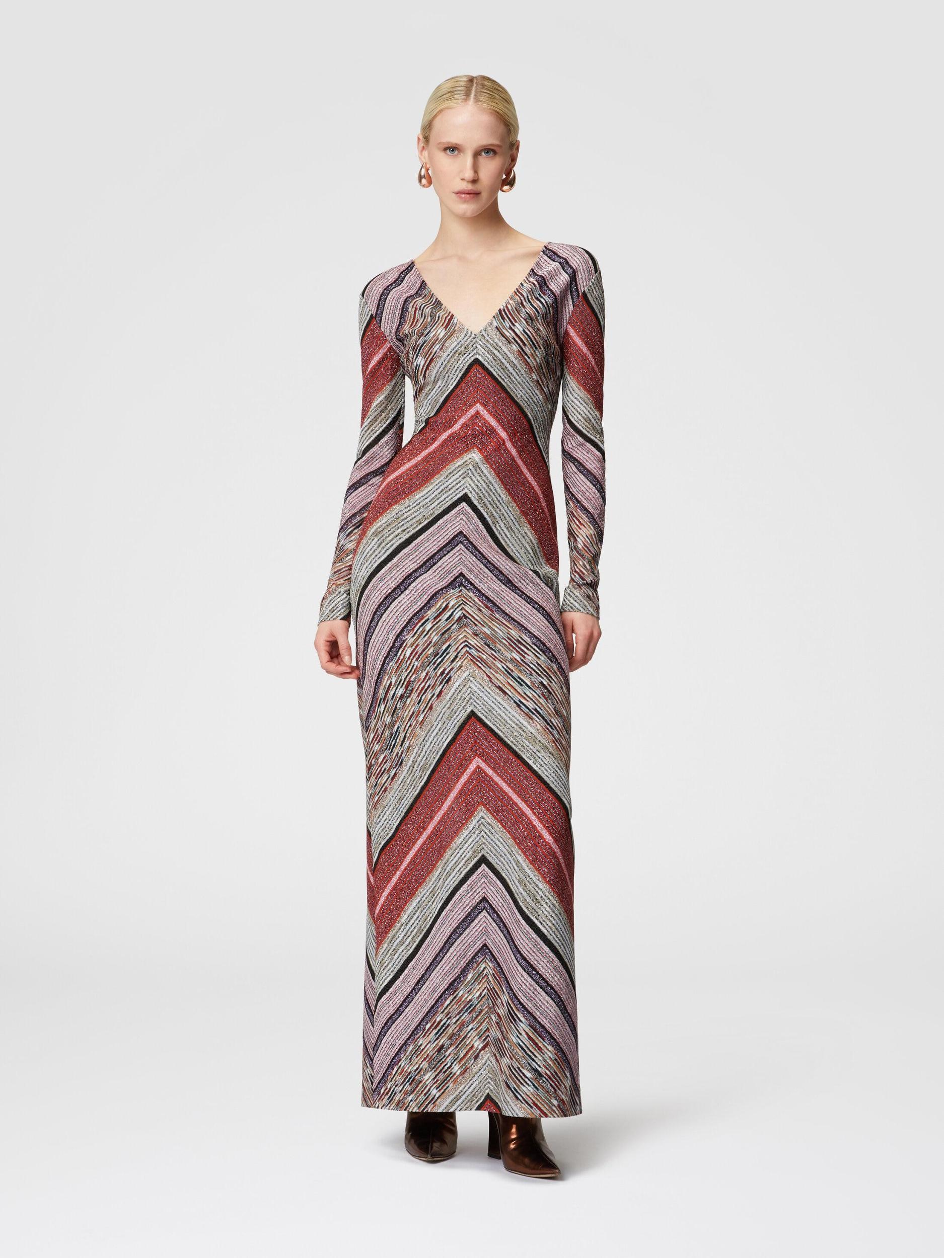 Long lamé slub dress with plunging V-neckline Product Image