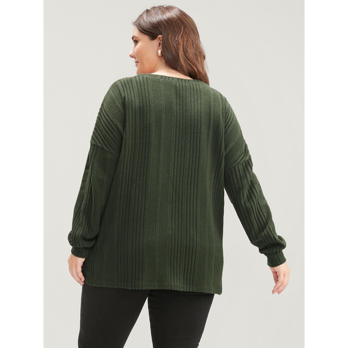Plus Size Solid Round Neck Pearls Beaded Rib Knit Sweatshirt Women DarkGreen Casual Beaded Round Neck Dailywear Sweatshirts BloomChic 18-20/2X Product Image
