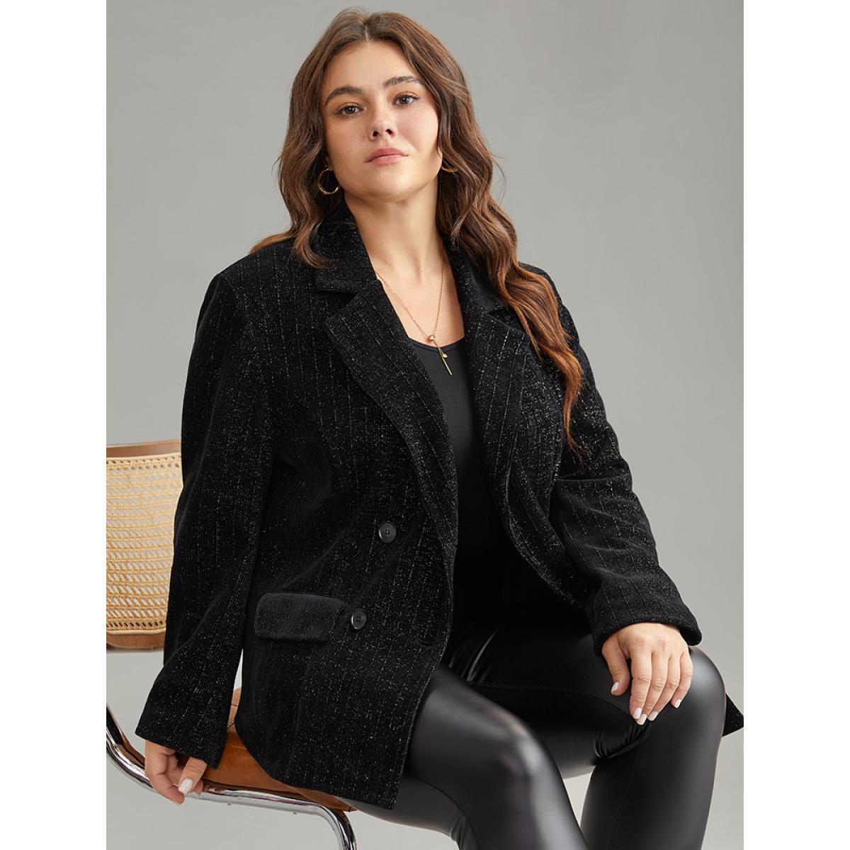 Plus Size Lurex Double Breasted Patched Pocket Blazer Black Women Dailywear Plain Velvet Sleeve Long Sleeve Suit Collar 18-20/2X Pocket Glamour Blazers BloomChic Product Image