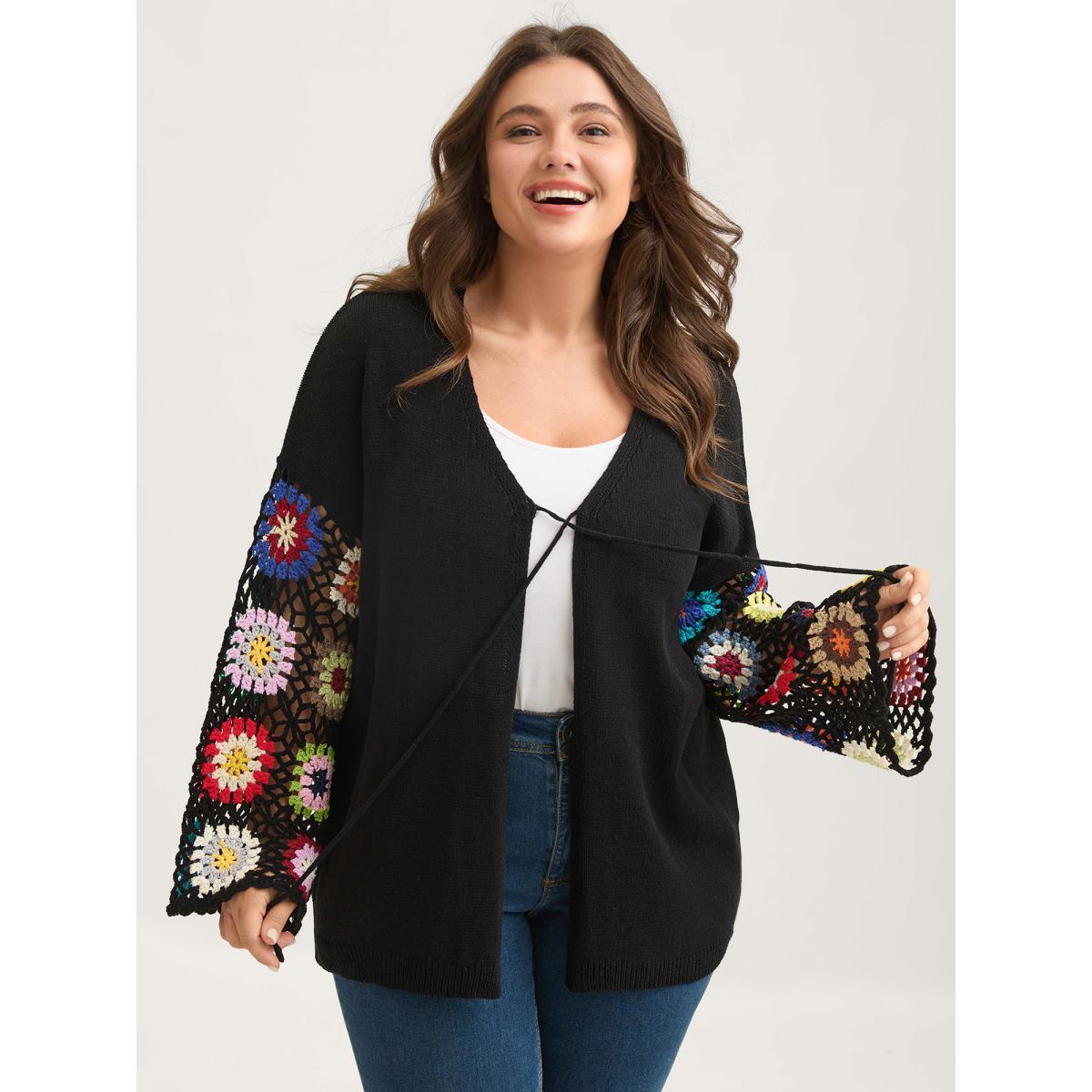 Plus Size Crochet Floral Tie Cut-Out Cardigan Black Women Loose Long Sleeve Everyday-Casual Cardigans BloomChic 12/L Product Image