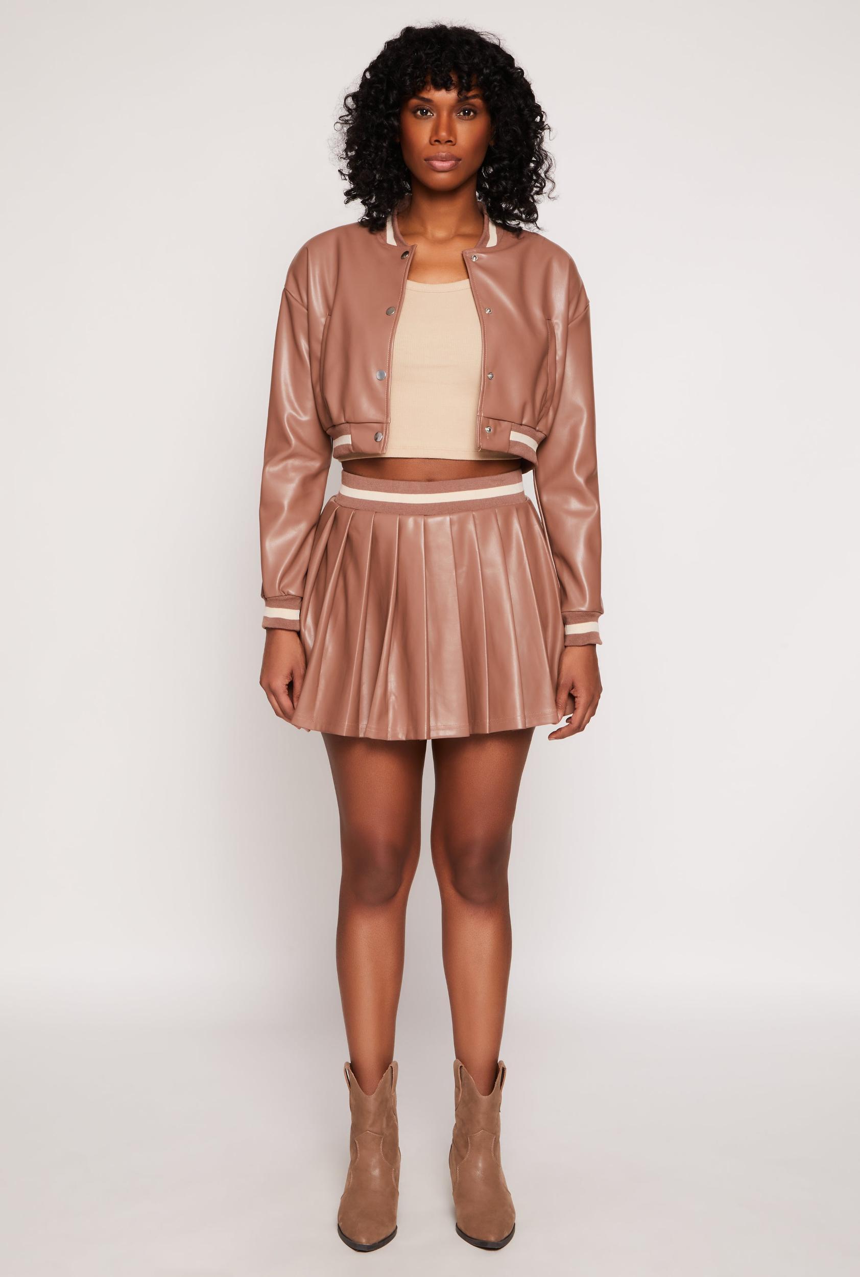 Womens Faux Leather Varsity Stripe Pleated Skort Product Image