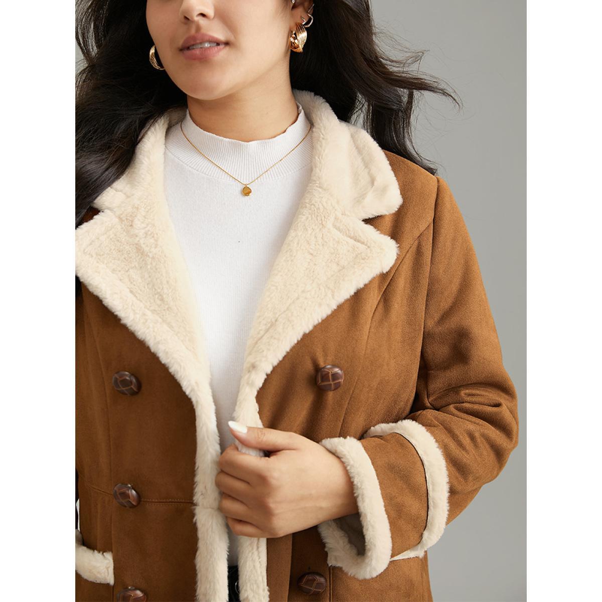 Plus Size Faux Suede Buckle Detail Fuzzy Trim Coat Women Chocolate Casual Lined Ladies Dailywear Winter Coats BloomChic 10/M Product Image