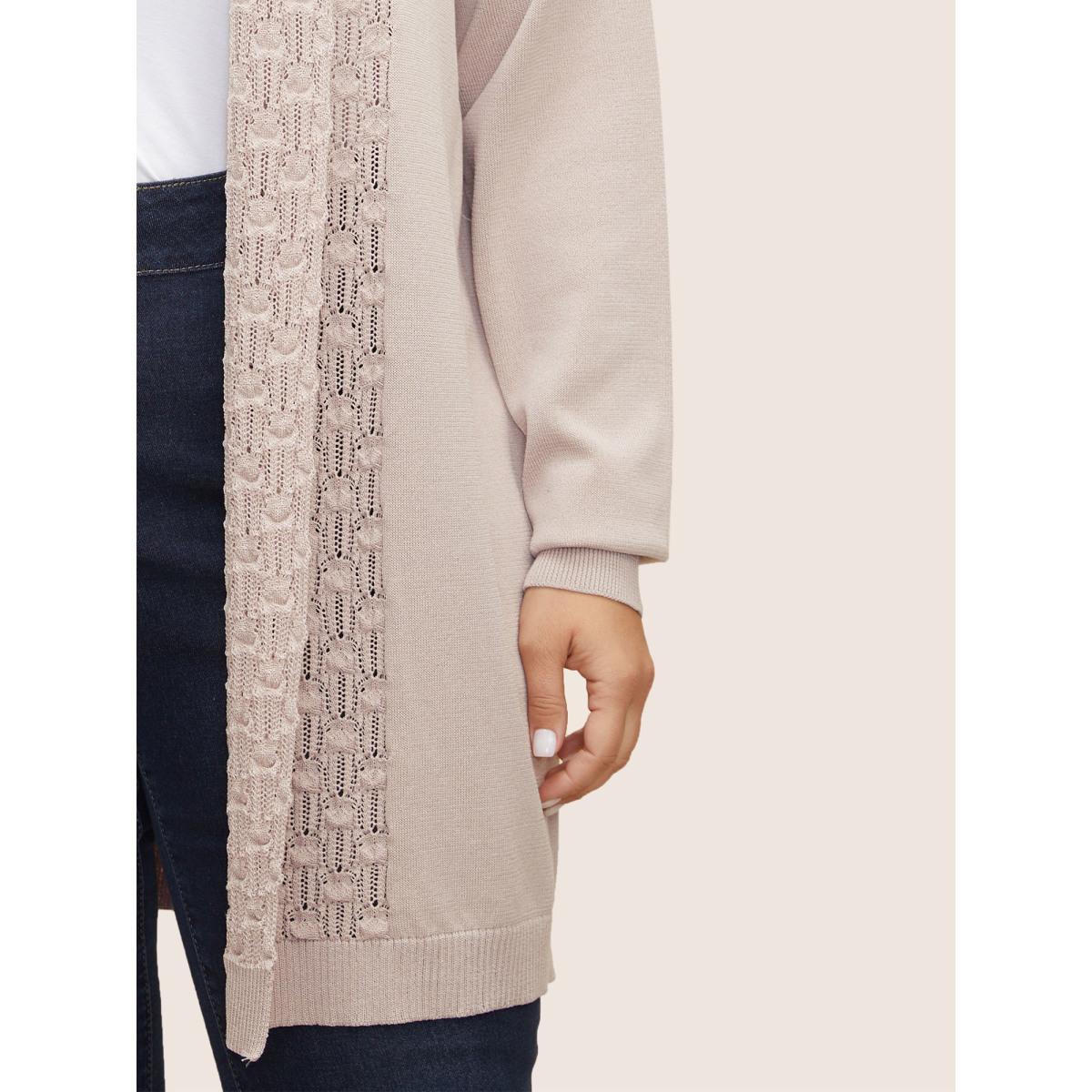 Plus Size Plain Lapel Collar Pointelle Knit Backless Cardigan Apricot Women Casual Long Sleeve Everyday Cardigans BloomChic 30/6X Product Image