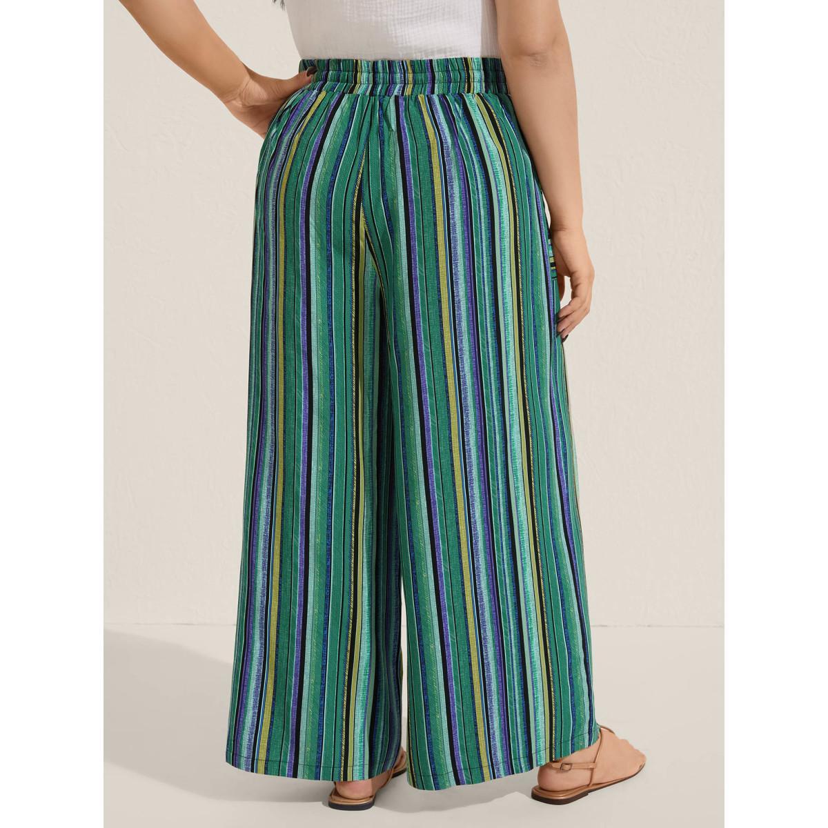 Plus Size Boho Stripes Drawstring Wide-Leg Pants Women Emerald Resort Wide Leg Mid Rise Vacation Pants BloomChic 26/4X Product Image