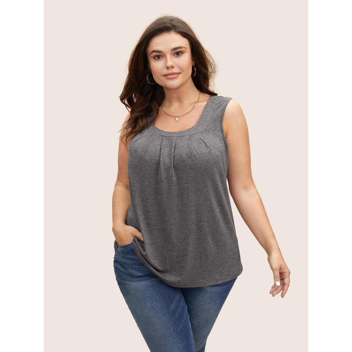 Plus Size Heather Plicated Detail Square Neck Tank Top Women DarkGray Casual Non U-neck Everyday Tank Tops Camis BloomChic 12/L Product Image