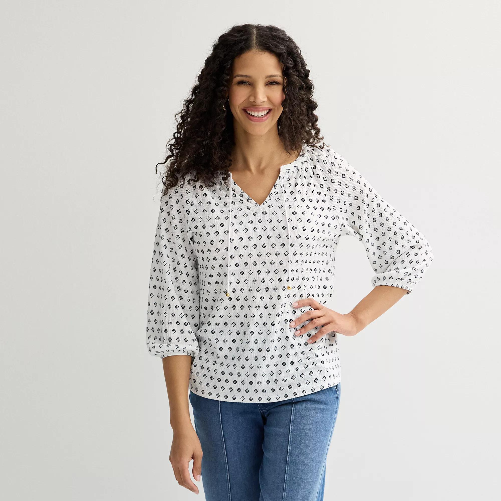 Petite Croft & Barrow® Three-Quarter Balloon Sleeve Peasant Top, Women's, Size: Large Petite, White Lattice Geo Product Image