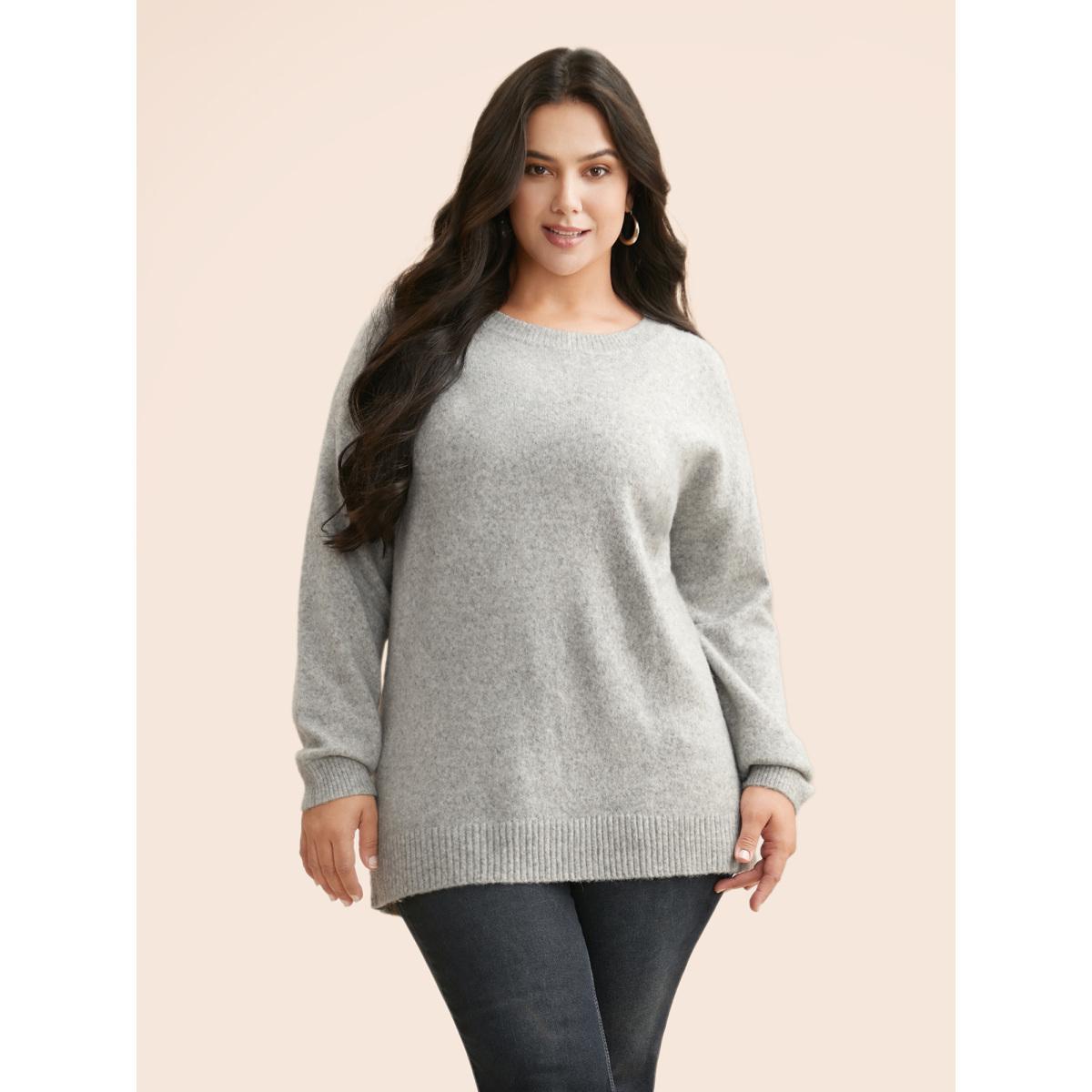 Plus Size Airy Cozy Drop Shoulder Wool Pullover LightGray Women Casual Long Sleeve Round Neck Everyday Pullovers BloomChic 10/M Product Image