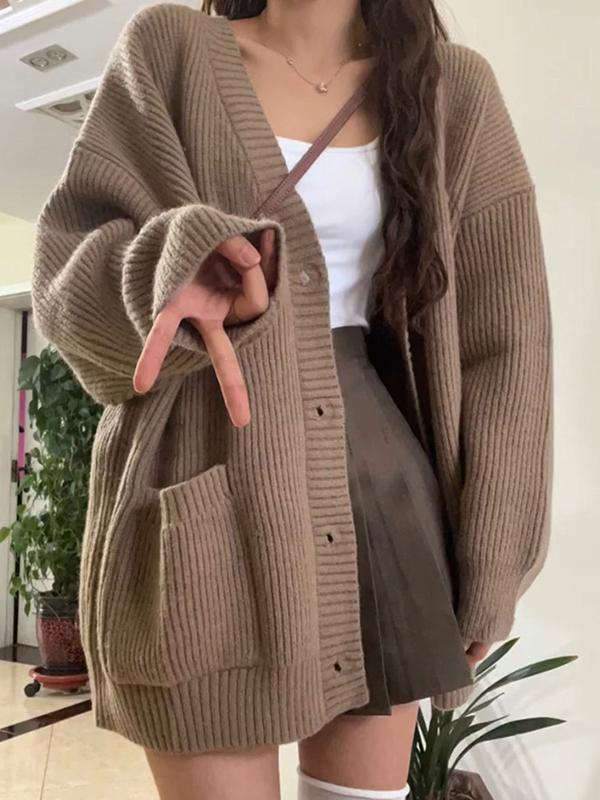 Preppy Solid Color V Neck Baggy Cardigan Product Image