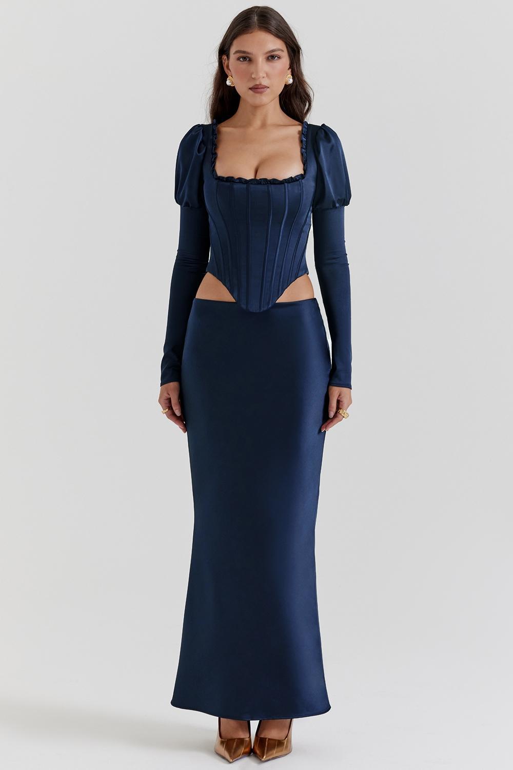 Charlene  navy satin bias cut maxi skirt - sale Product Image