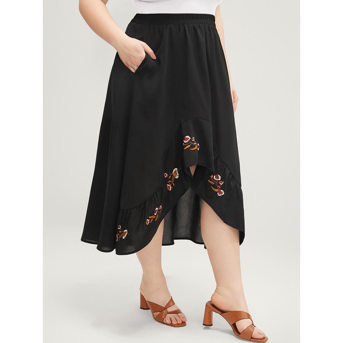 Plus Size Floral Embroidered Pocket Asymmetrical Hem Skirt Women Black Vacation Embroidered Loose No stretch Pocket Dailywear Skirts BloomChic 10/M Product Image