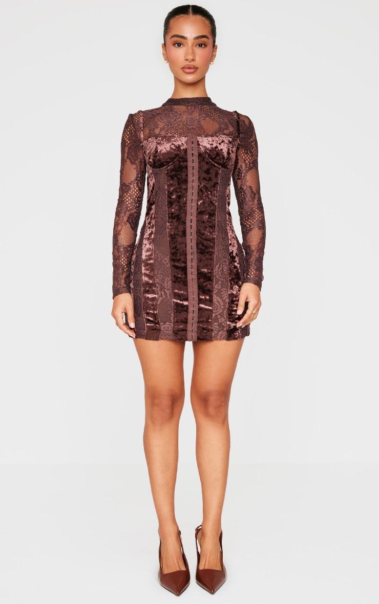 Petite Chocolate Crushed Velvet Long Sleeve Lace Detail Mini Dress Product Image