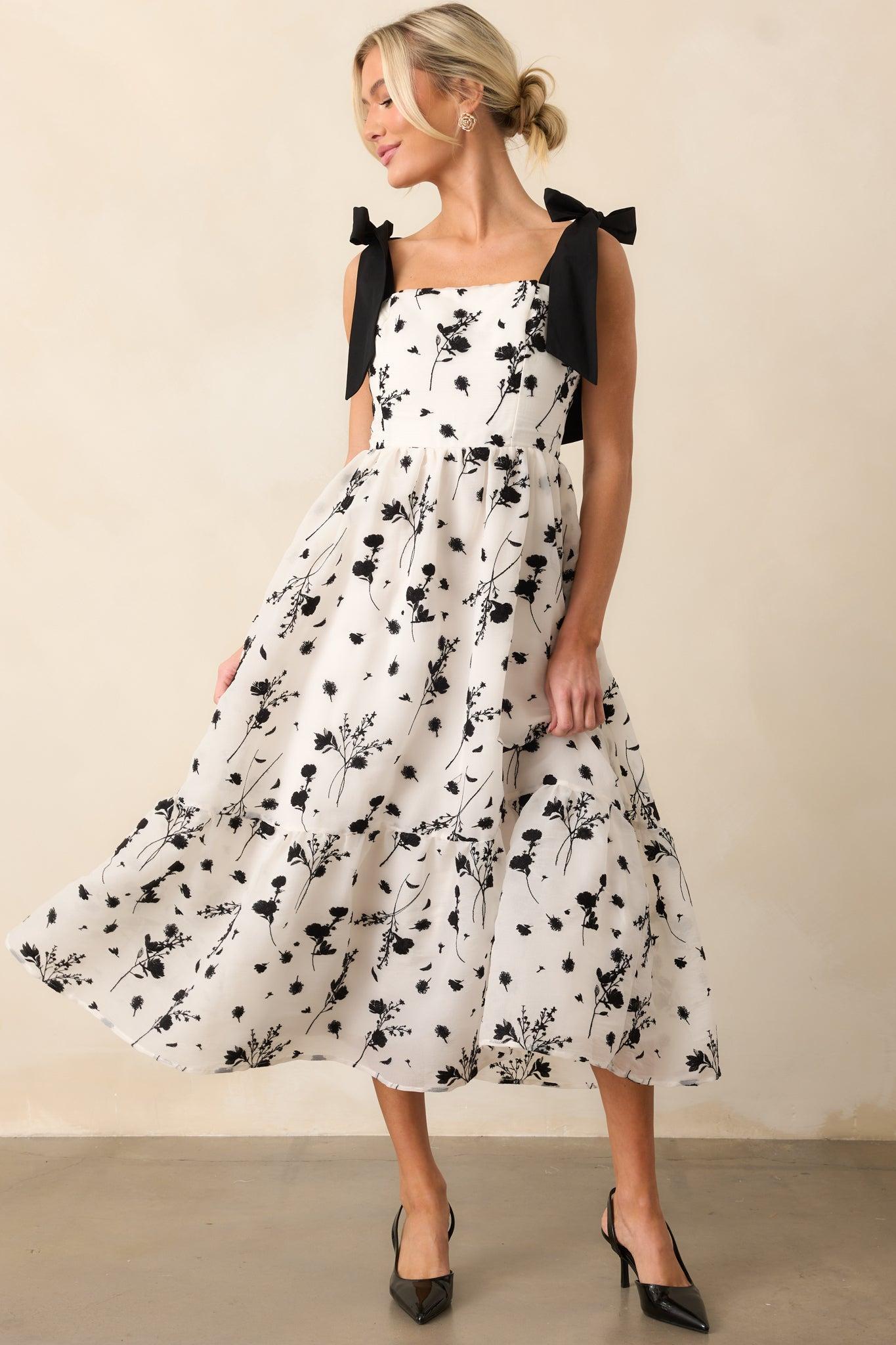 Right On Time Black Floral Embroidered Midi Dress Product Image