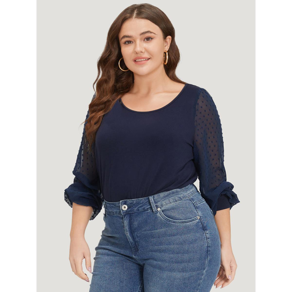 Plus Size Plain Mesh Patchwork Lantern Sleeve Crew Neck Bodysuit Women Blue Plain Elastic cuffs Bodysuits BloomChic 30/6X Product Image