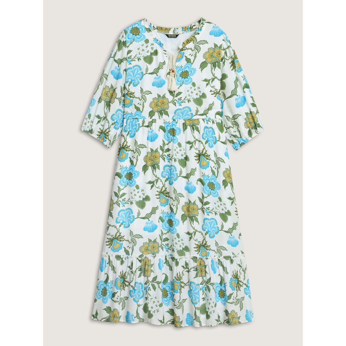 Plus Size Floral Print Beaded Tassel Neck Midi Dress WhiteSmoke Women Tie knot Flat collar with V-notch Elbow-length sleeve Curvy BloomChic 26/4X Product Image