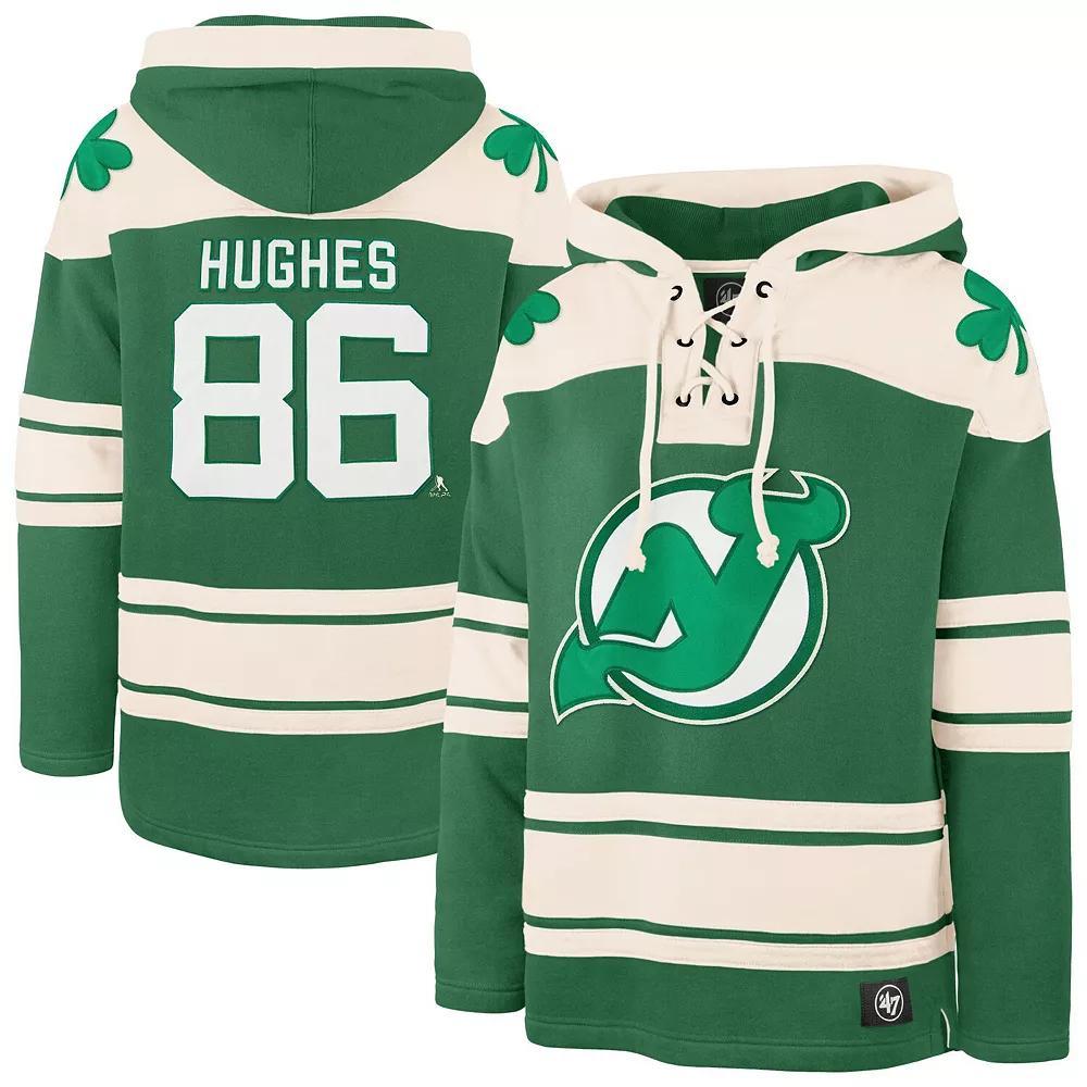 Men's '47 Jack Hughes Kelly Green New Jersey Devils St. Patrick's Day Player Name & Number Lacer Pullover Hoodie, Size: Medium, Nhl Green Product Image