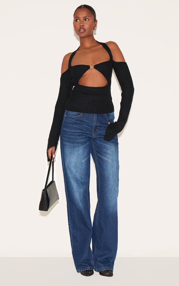 Black Bardot Halterneck Gold Trim Cross Stitch Knitted Top Product Image