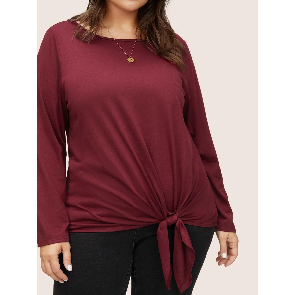 Plus Size Plain Crew Neck Ties T-shirt Burgundy Women Casual Non Plain Round Neck Everyday T-shirts BloomChic 12/L Product Image