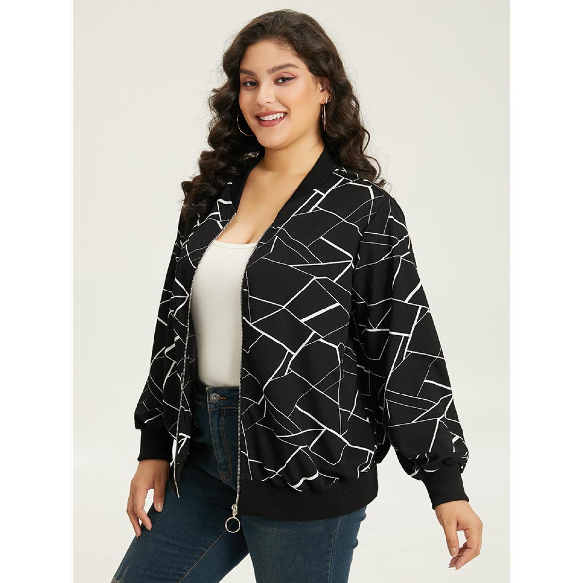 Plus Size Halloween Geometric Graphic Pocket Zipper Elastic Cuffs Jacket Women Black Elastic cuffs Pocket Dailywear Jackets BloomChic 10/M Product Image