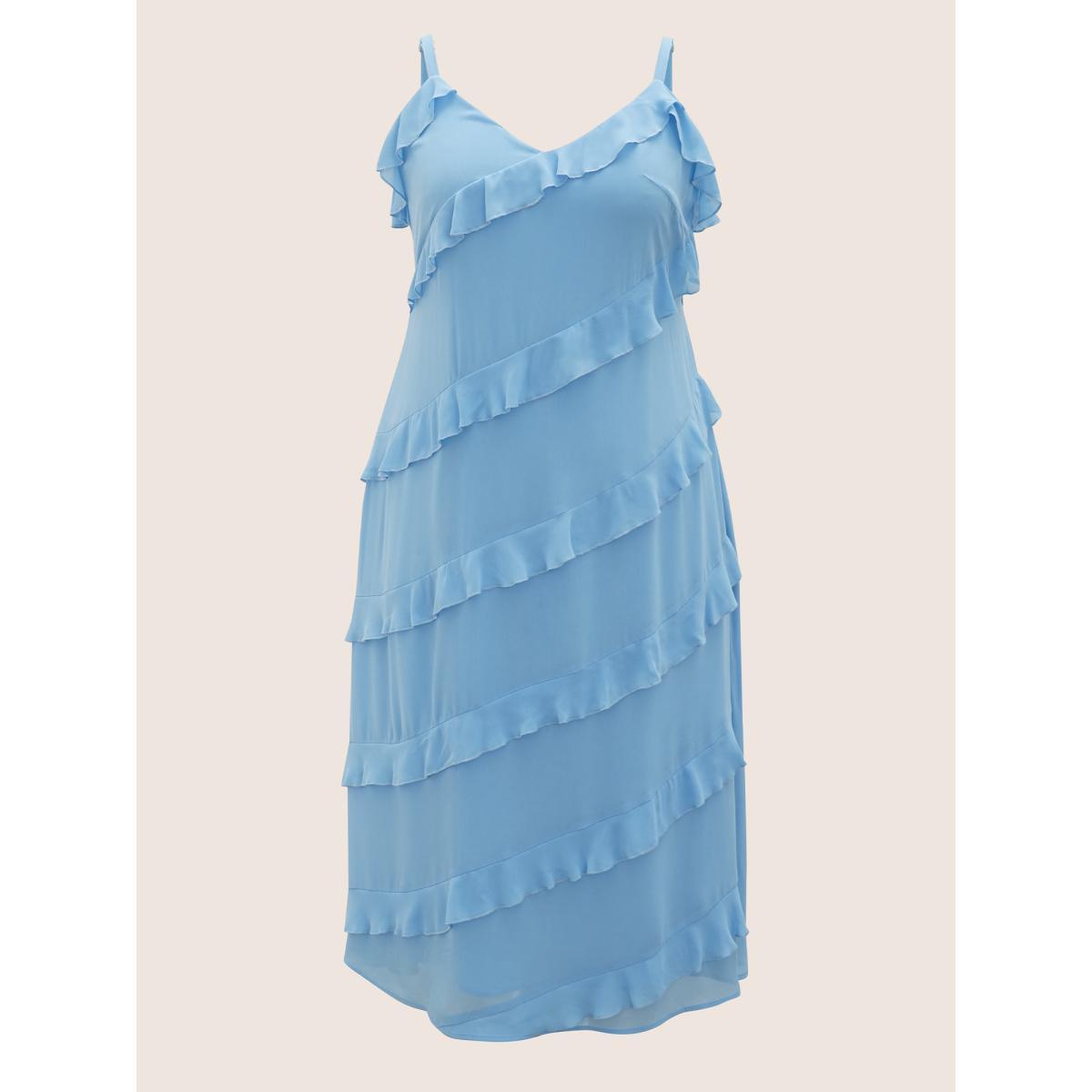 Plus Size V Neck Ruffle Trim Elastic Waist Cami Dress LightBlue Women Formal Ruffles Non Sleeveless Curvy BloomChic 30/6X Product Image