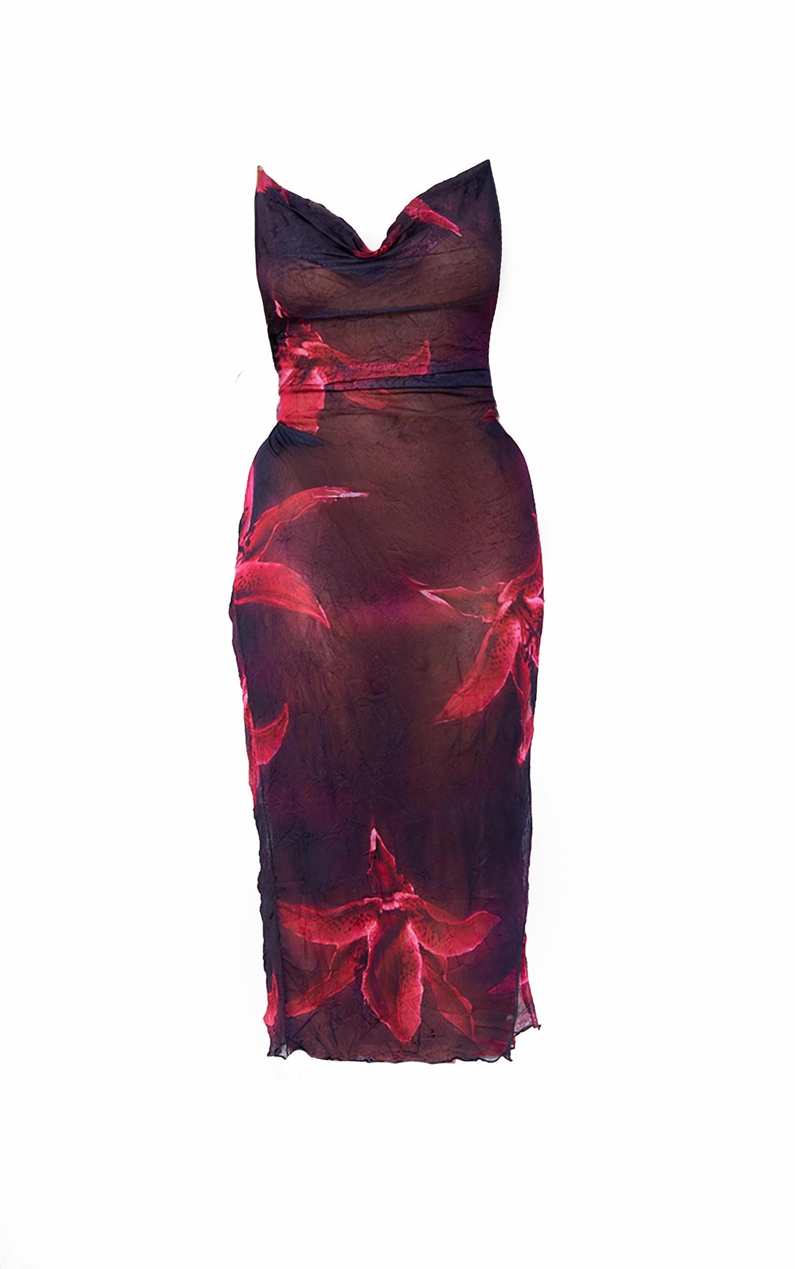 Plus Dark Purple Large Floral Print Crinkle Mesh Cowl Neck Midi Dress Product Image