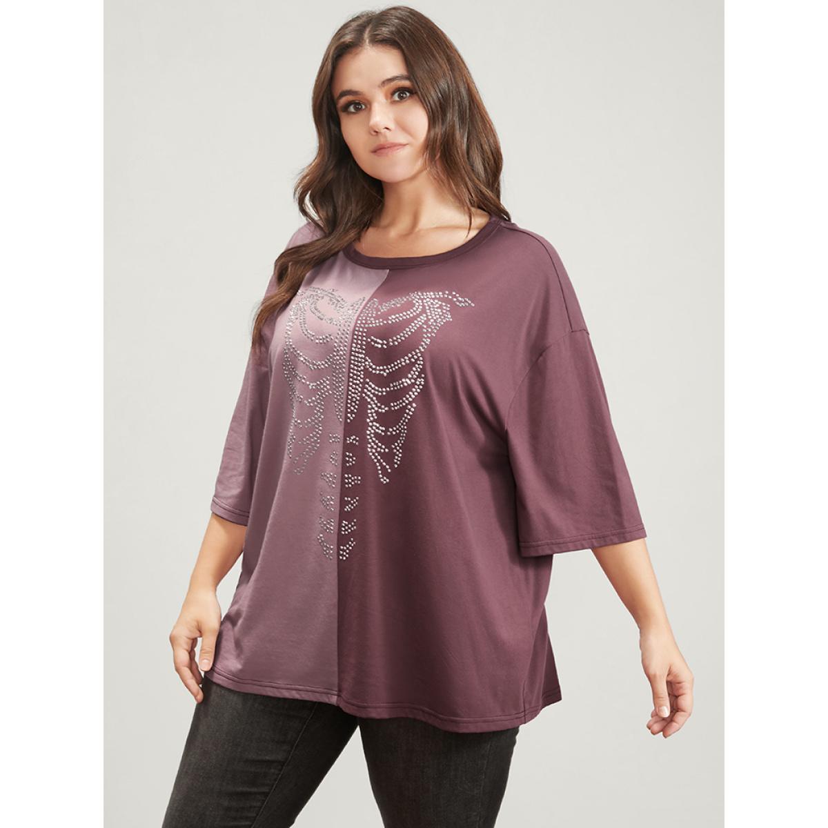 Plus Size Halloween Skeleton Print Colorblock Contrast T-shirt Heather Women Casual Contrast Graphic-Halloween Round Neck Dailywear T-shirts BloomChic 14-16/1X Product Image