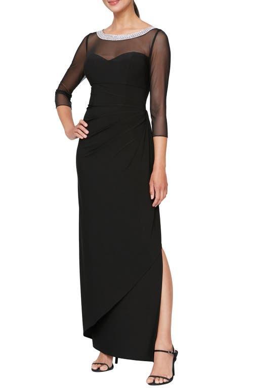 Alex Evenings Illusion Mesh 34 Sleeve Round Neck Side Slit Ruched Gown Product Image