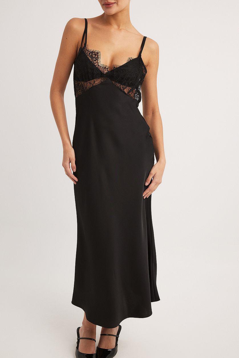 Satin Lace Detail Midi Dress Product Image