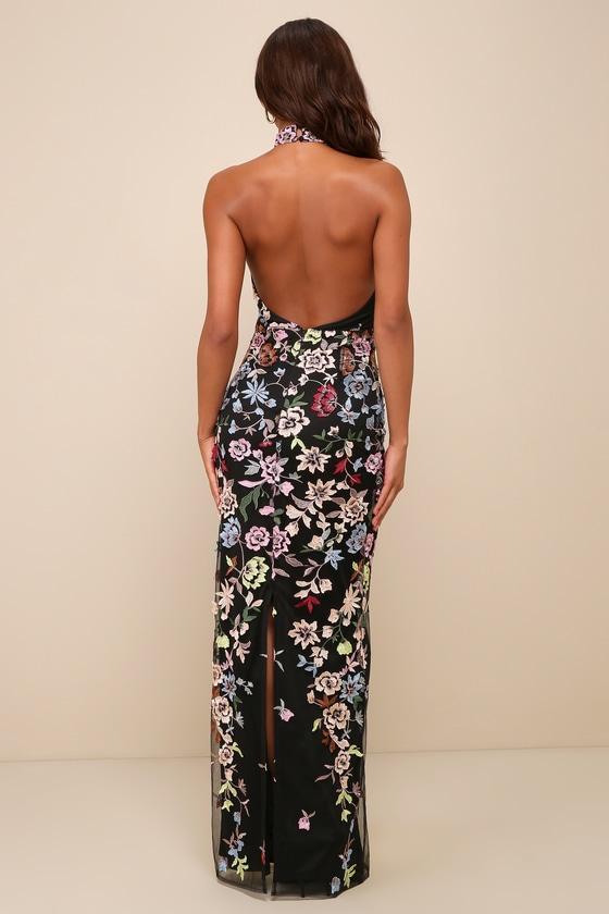 Infinite Praise Black 3D Floral Embroidered Halter Maxi Dress Product Image