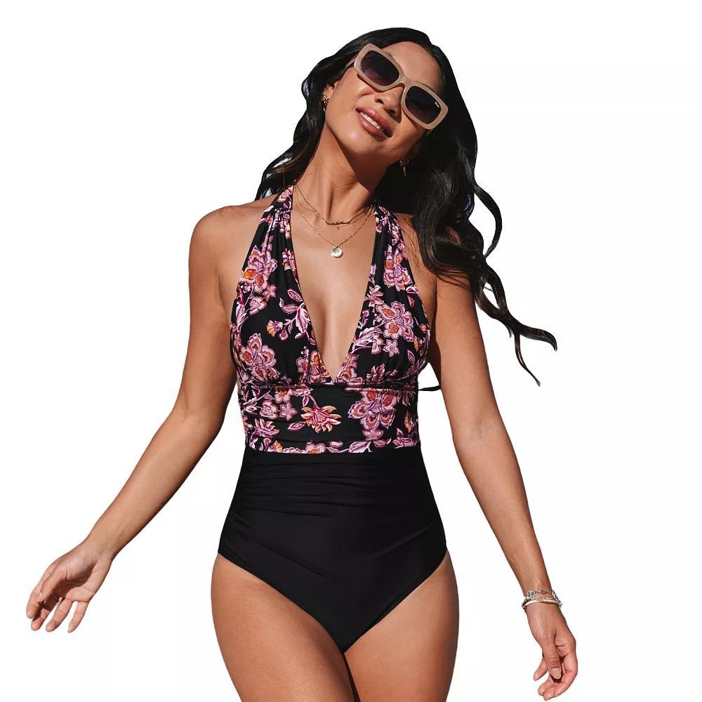 Women's Cupshe Plunging Halterneck Tummy Control One-Piece Swimsuit, Size: Medium, Black Product Image