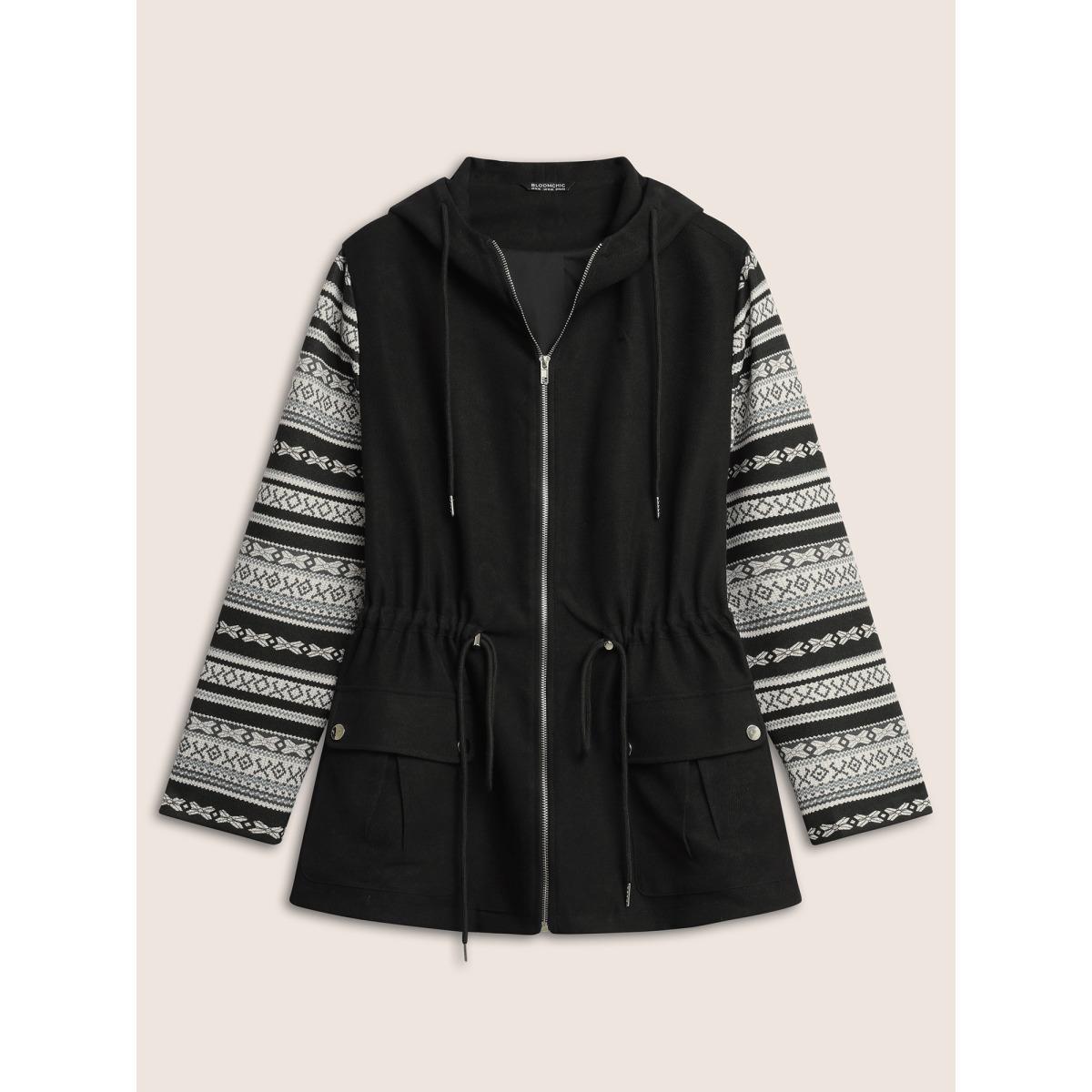 Plus Size Geometric Drawstring Patchwork Hooded Jacket Women Black Non Open pocket with flap Everyday Jackets BloomChic 22-24/3X Product Image