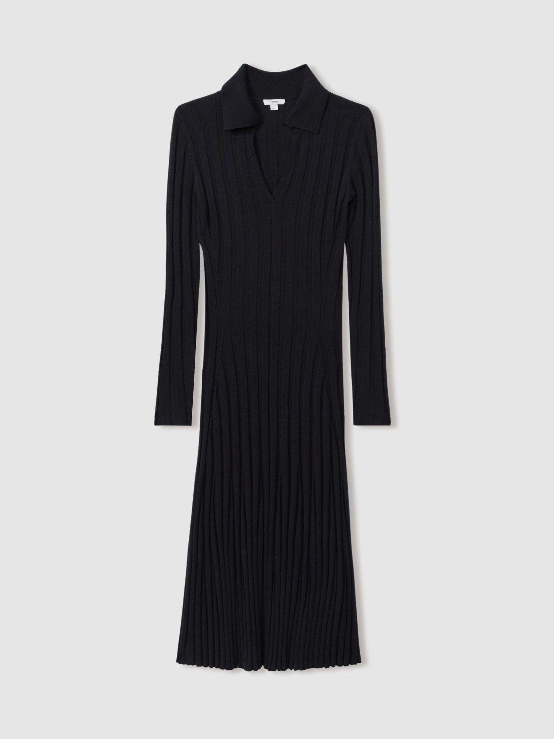 Petite Knitted Open-Collar Midi Dress in Navy Product Image