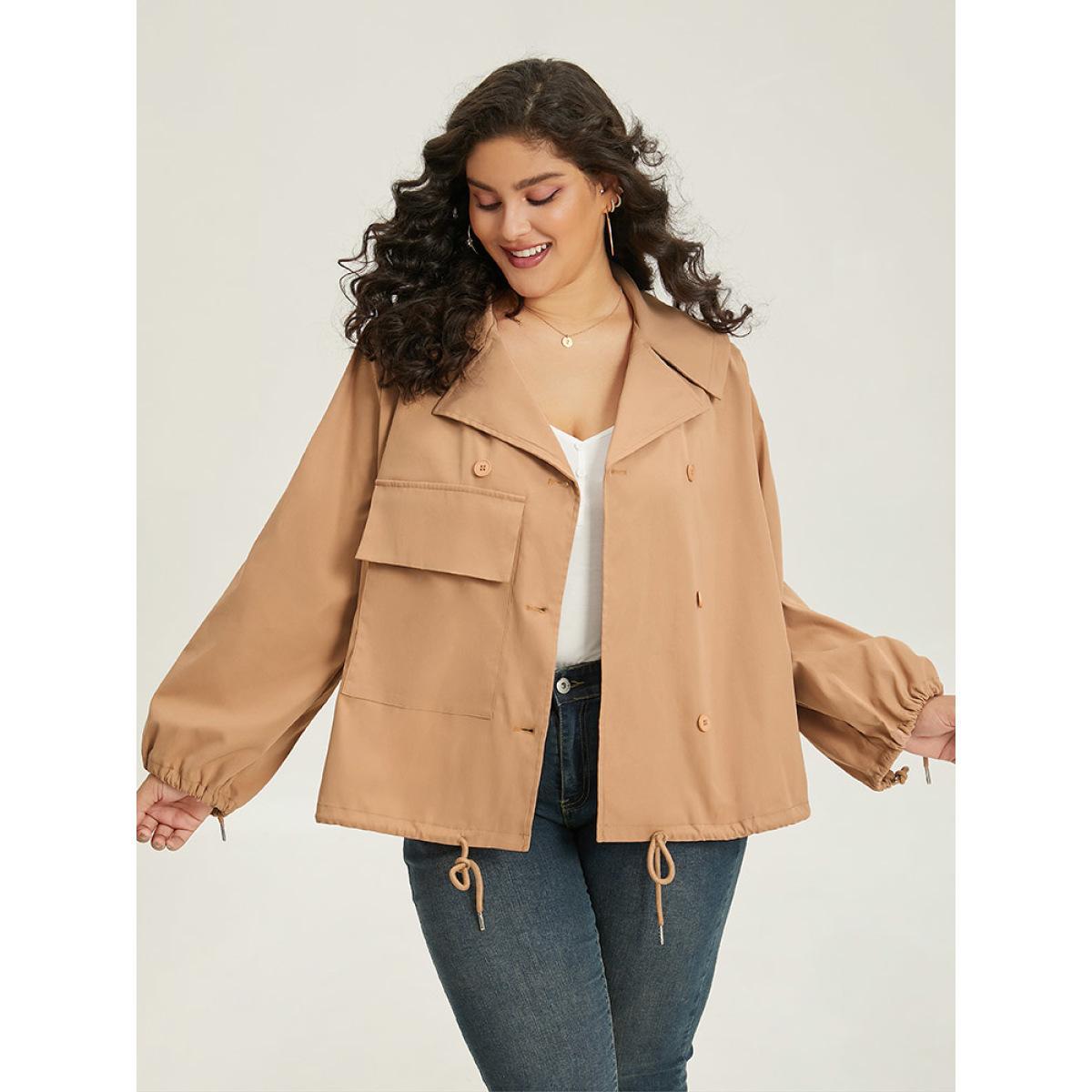 Plus Size Lapel Collar Drawstring Pocket Button Detail Coat Women LightBrown Elastic cuffs Pocket Dailywear Jackets BloomChic 12/L Product Image