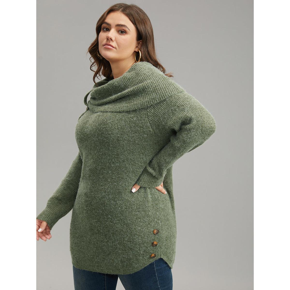 Plus Size Anti-Pilling Lapel Collar Adjustable Button Pullover Moss Women Casual Loose Long Sleeve Lapel Collar Dailywear Pullovers BloomChic 28/5X Product Image