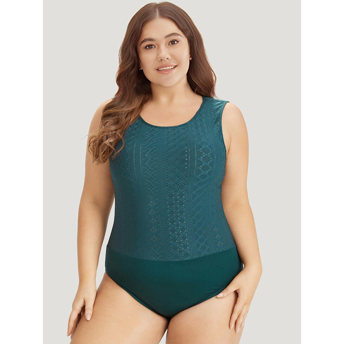 Plus Size Plain Patchwork Broderie Anglaise Tank Bodysuit Women Cyan Plain Broderie anglaise Bodysuits BloomChic 10/M Product Image
