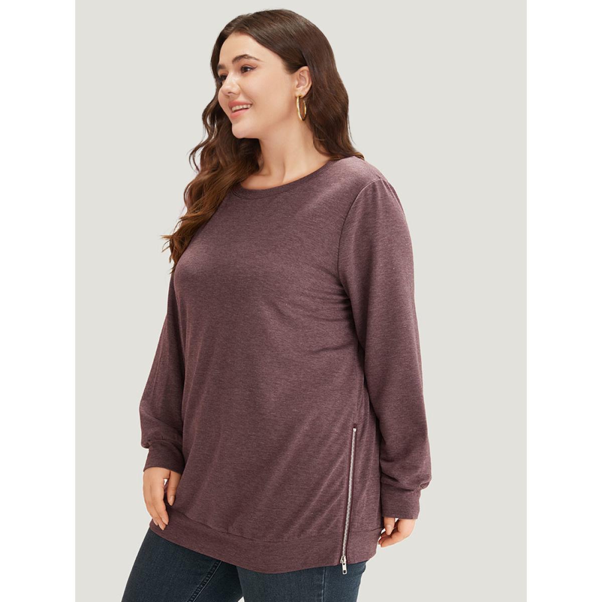 Plus Size Plain Zipper Round Neck Elastic Cuffs Sweatshirt Women Mauve Casual Elastic cuffs Round Neck Dailywear Sweatshirts BloomChic 10/M Product Image
