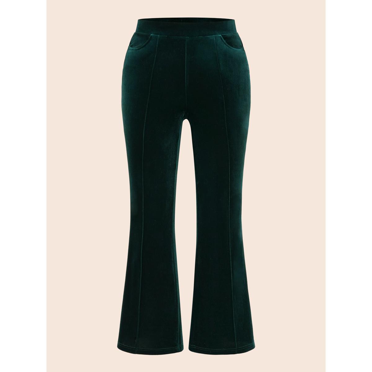 Plus Size Velvet Mid Rise Flared Pants Women DarkGreen Elegant Bootcut Mid Rise Everyday Pants BloomChic 12/L Product Image