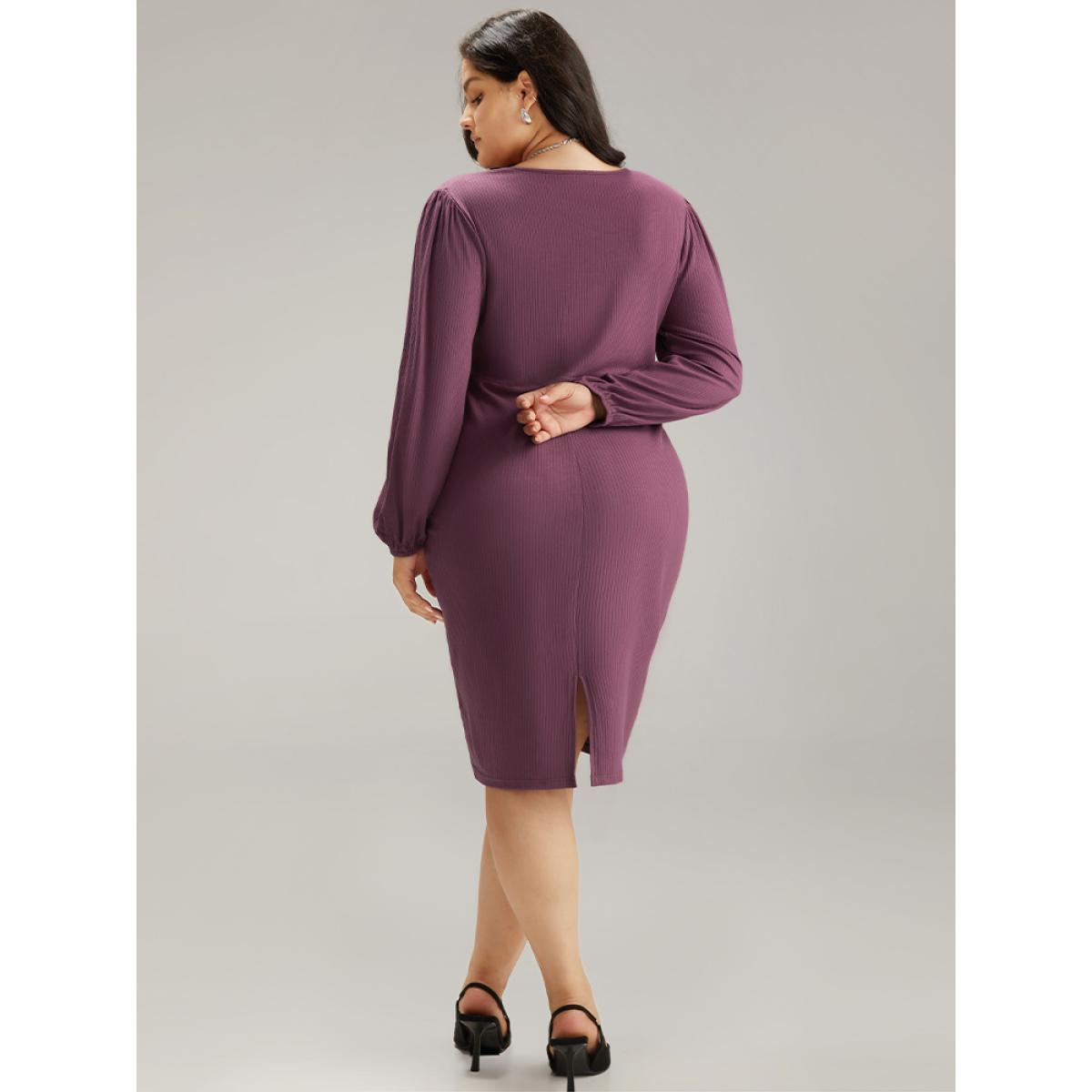 Plus Size Rib Knit Gathered Button Detail Lantern Sleeve Dress Mauve Women Office Elastic cuffs V-neck Long Sleeve Curvy Knee Dress BloomChic 10/M Product Image