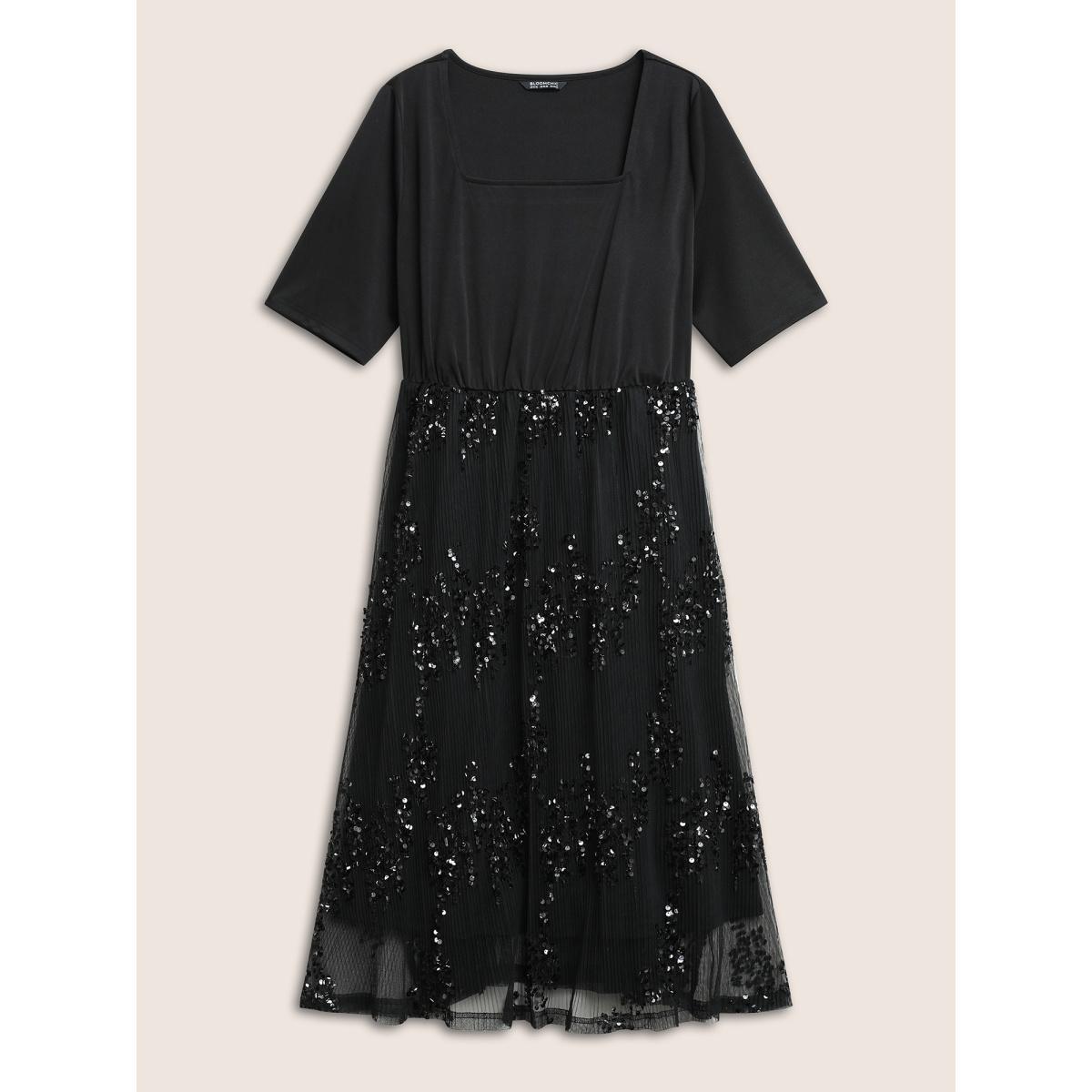 Plus Size Sequin Mesh Patchwork Square Neck Elastic Waist Dress Black Women Cocktail Sequin Square Neck Half Sleeve Curvy Midi Dress BloomChic 30/6X Product Image