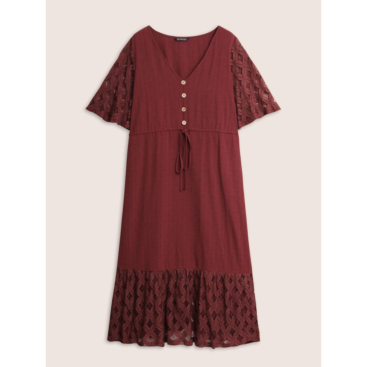 Plus Size Crochet Lace Mesh Button Detail Drawstring Dress Burgundy Women Resort Tie knot V-neck Half Sleeve Curvy Midi Dress BloomChic 14-16/1X Product Image