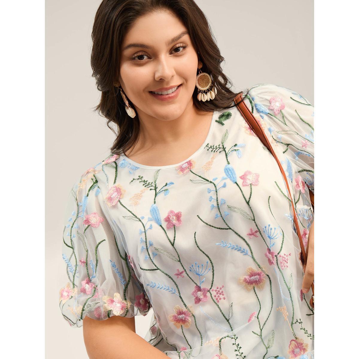 Plus Size Originalwhite Floral Embroidered Mesh Bubble Sleeve Blouse Women Short sleeve Round Neck Vacation Blouses BloomChic 22-24/3X Product Image