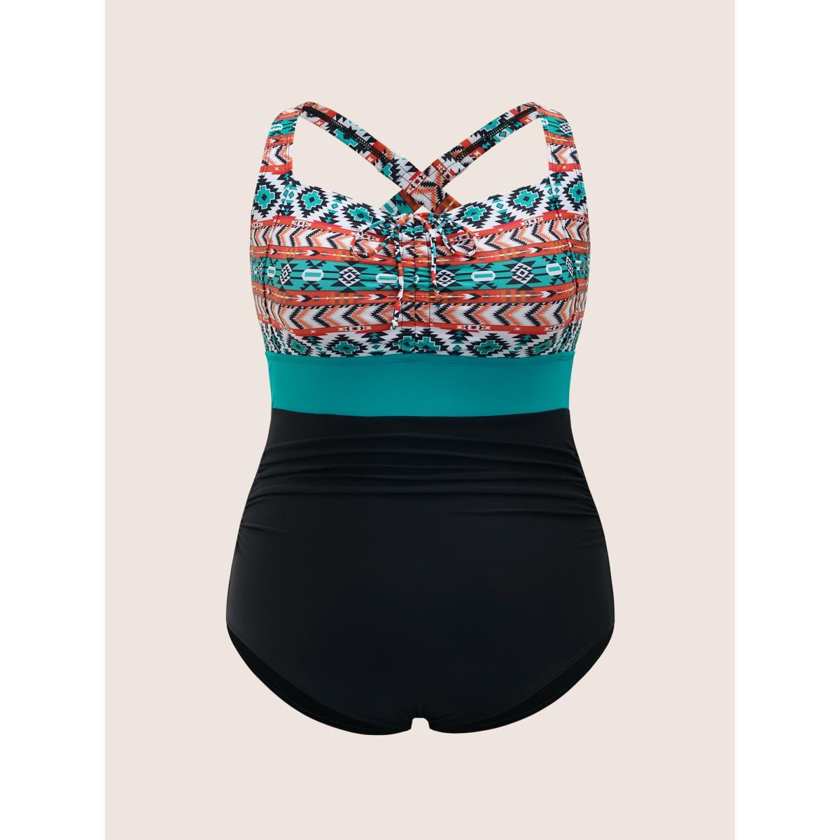Plus Size Heart Neckline Bandana Print Contrast One Piece Swimsuit Women's Swimwear Black Beach Gathered Curve Bathing Suits High stretch One Pieces BloomChic 18-20/2X Product Image